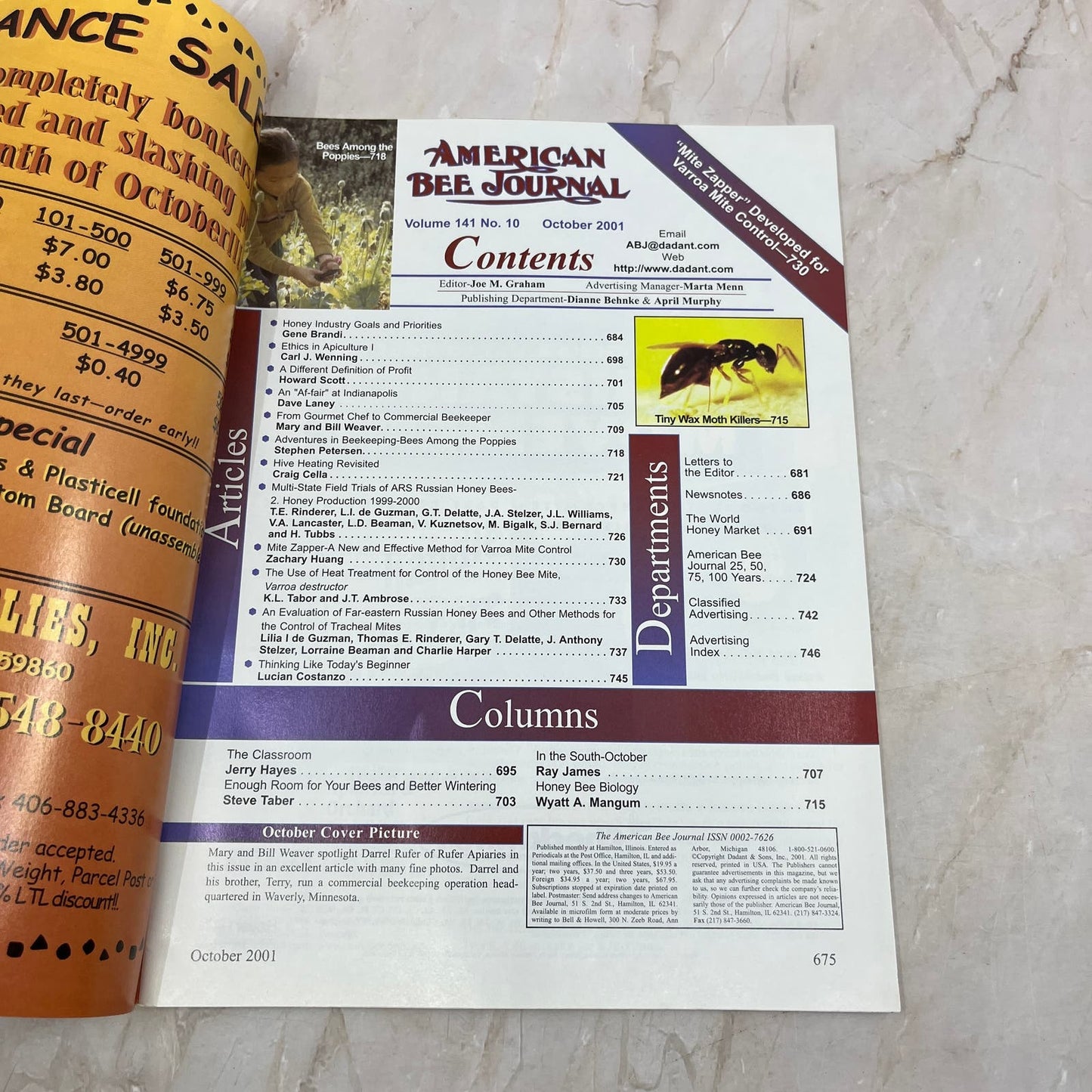 2001 Oct American Bee Journal Magazine Bees Beekeeping Honey M7