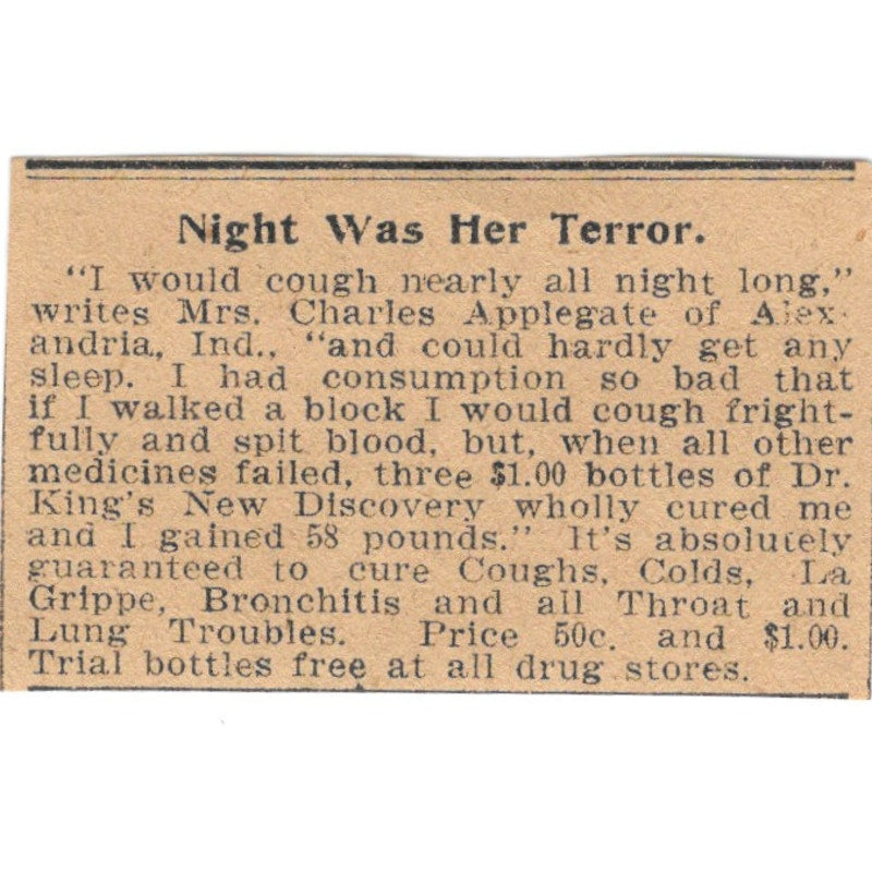 Dr King Cough Cure Mrs Charles Applegate Alexandria IN 1901 Newspaper Ad AD8-HS9