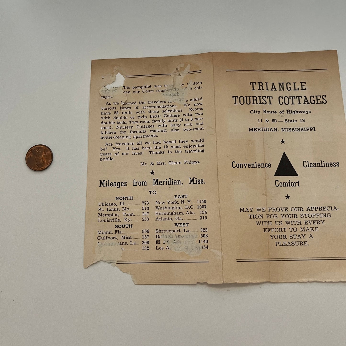 Triangle Tourist Cottages Meridian MS Glenn Phipps 1953 Travel Brochure AG8-H6