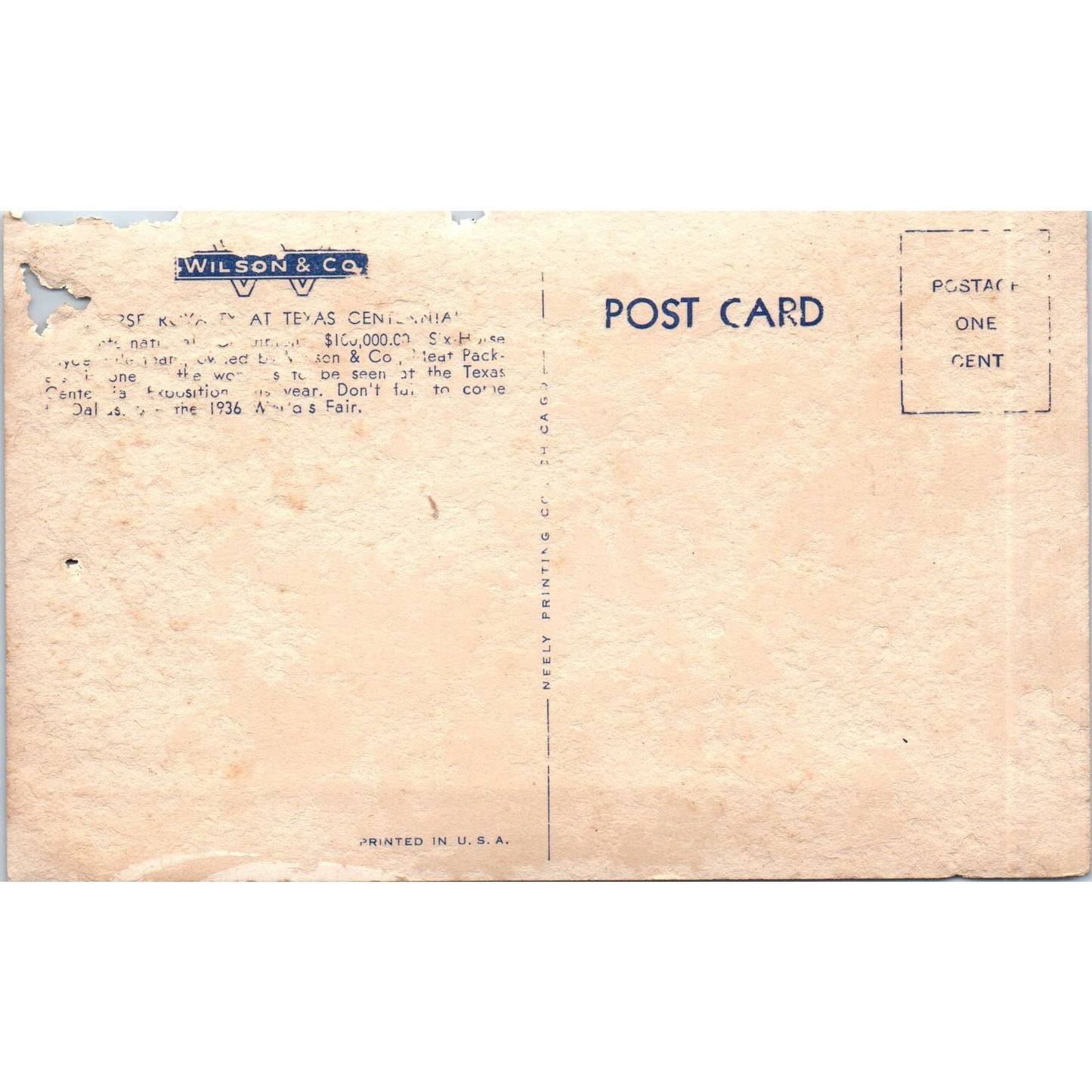 1936 Texas Centennial Exposition Wilson &Co Meat Packers Horse Team Postcard PC8