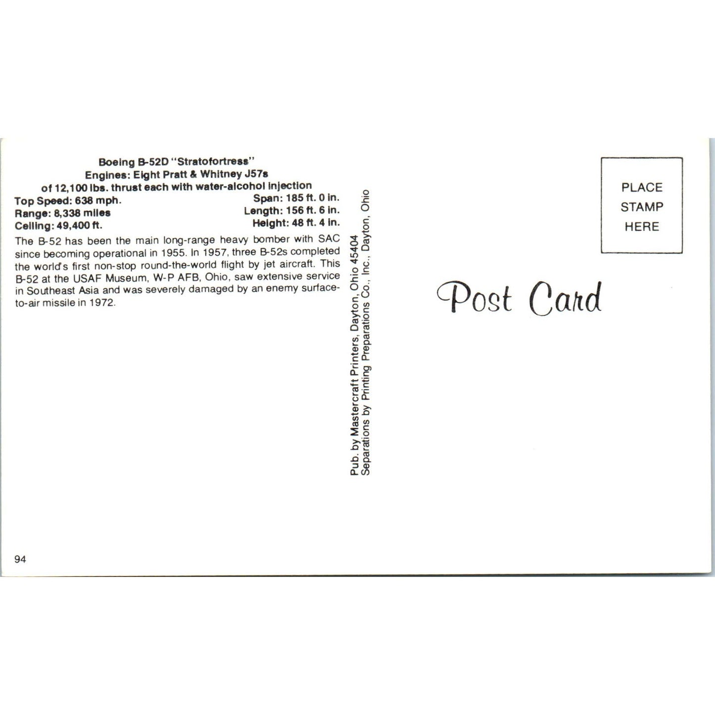 Boeing B-52D Stratofortress Vintage Postcard PC1