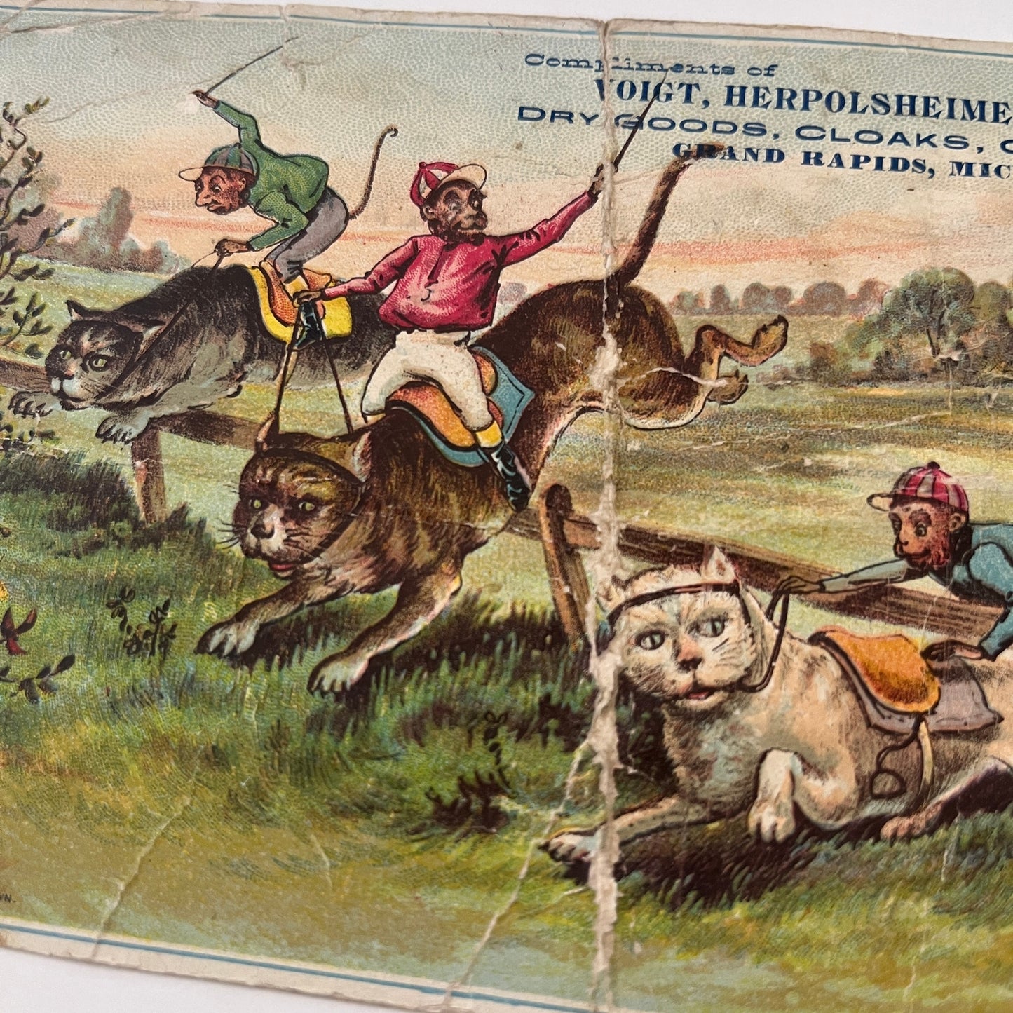 Monkey's Riding Cats Voight, Herpolsheimer & Co Grand Rapids 1880s Card AG8-H4