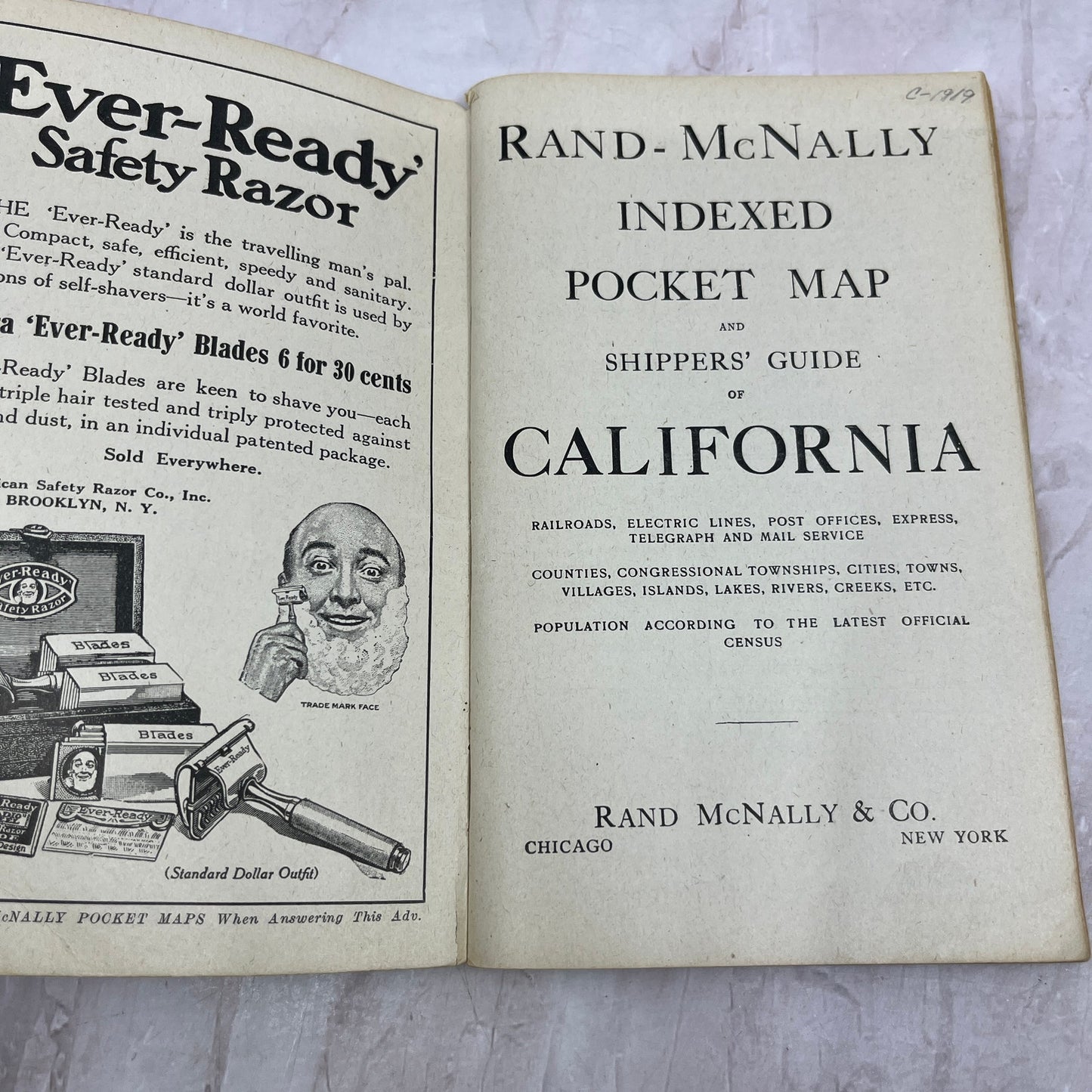 1919 Rand-McNally Indexed Pocket Map and Auto Road Guide California TH9-CB