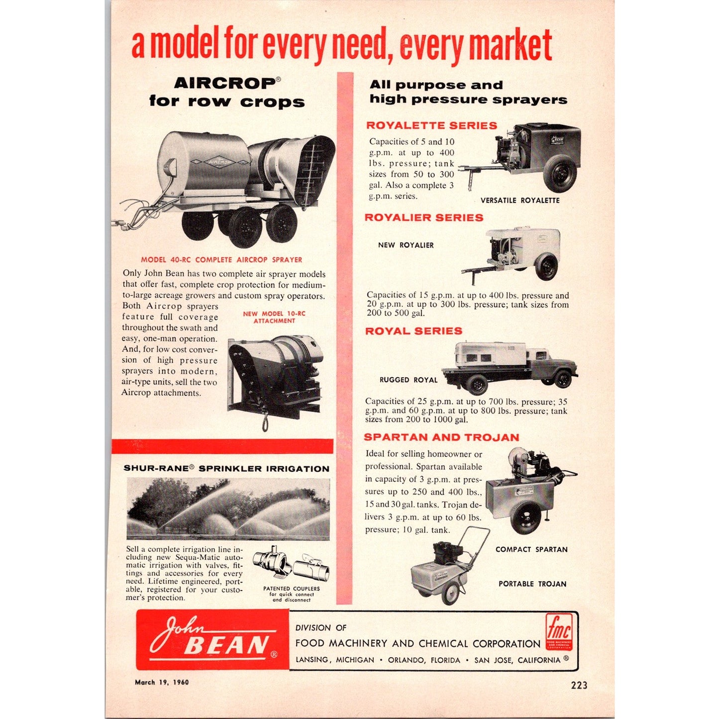 1960 John Bean Progressive Sprayer Lansing Orlando San Jose 2 Page Ad I16