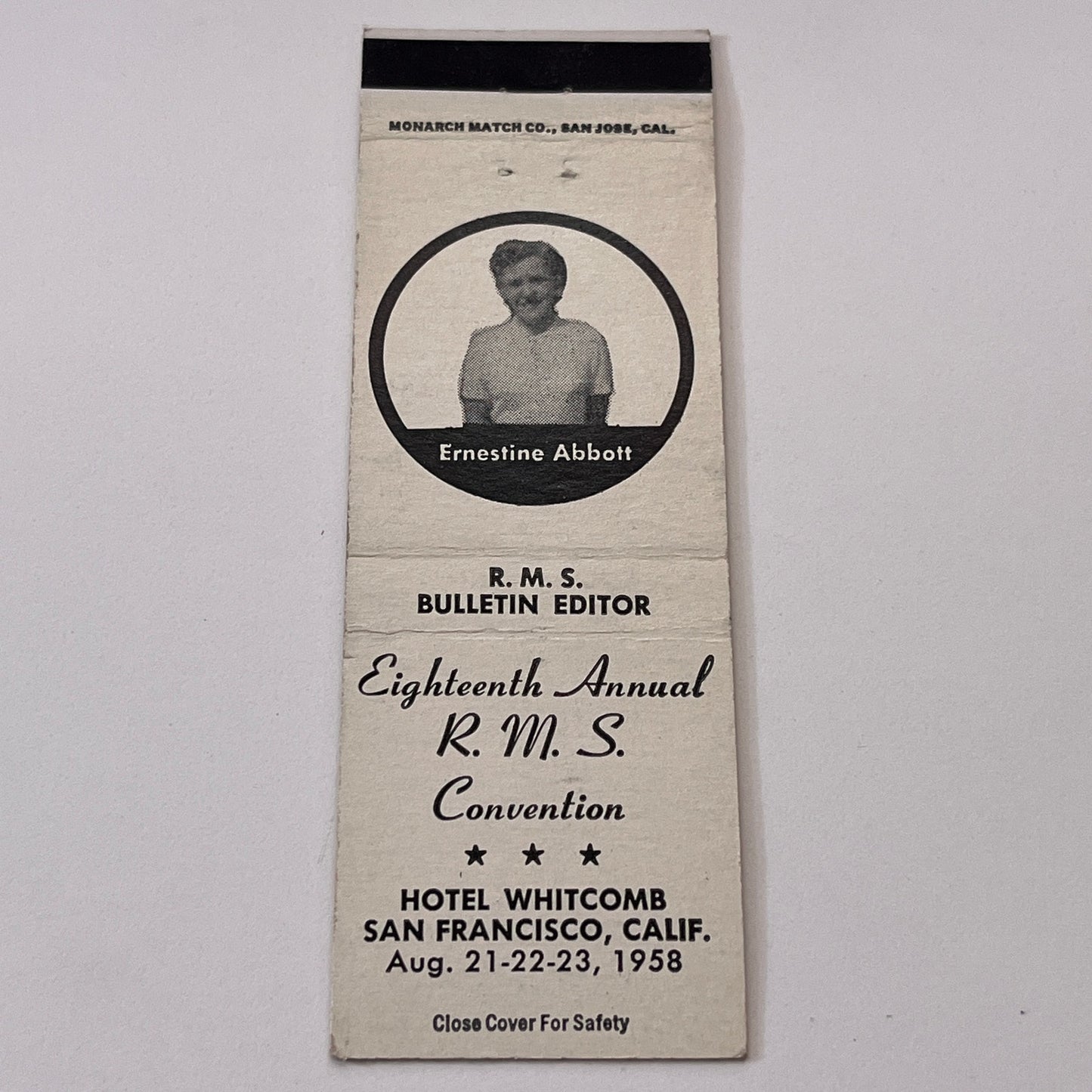 1958 RMS Convention San Francisco Ernestine Abbott Matchbook Cover TB6-MB1-15