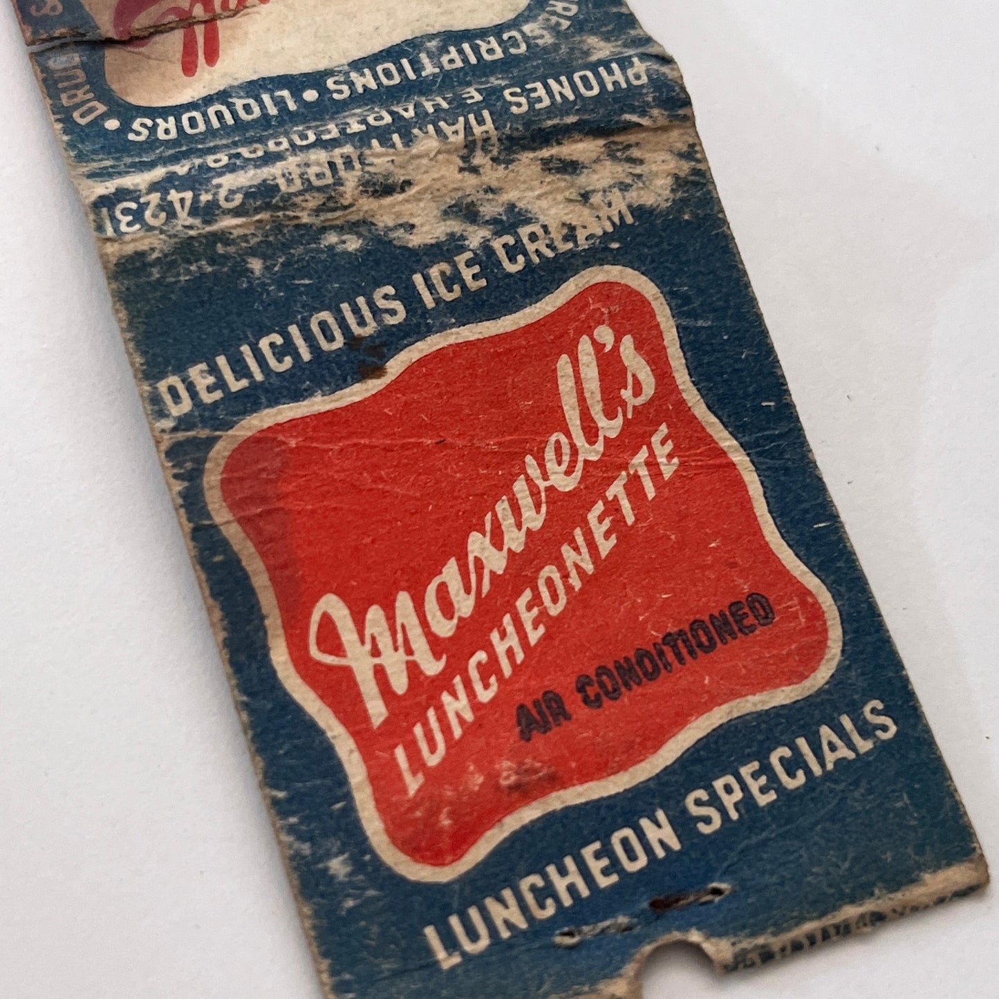 Maxwell's Luncheonette & Drug Store Hartford Vintage Matchbook Cover TB8-MB-12