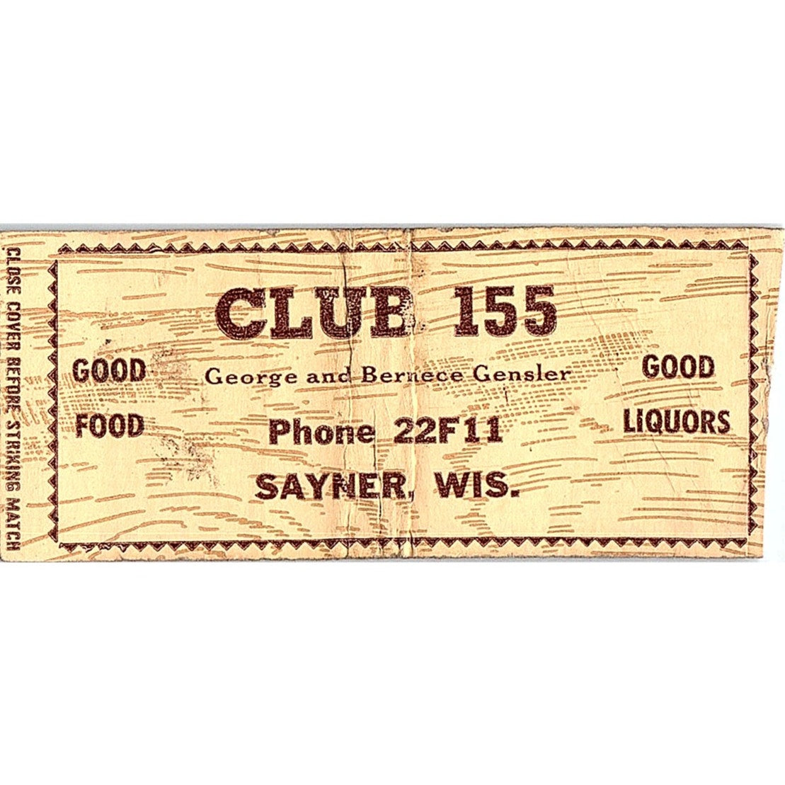 Club 155 George & Bernece Gensler Sayner WI Vintage Matchbook Cover SC7-Y6
