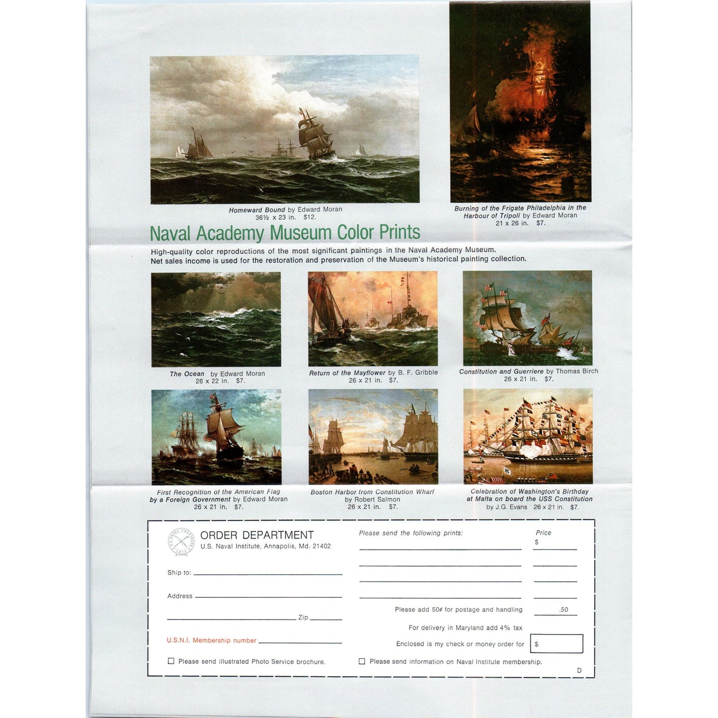 1980s US Naval Institute Annapolis MD Fine Color Reproductions Brochure TF4-BC