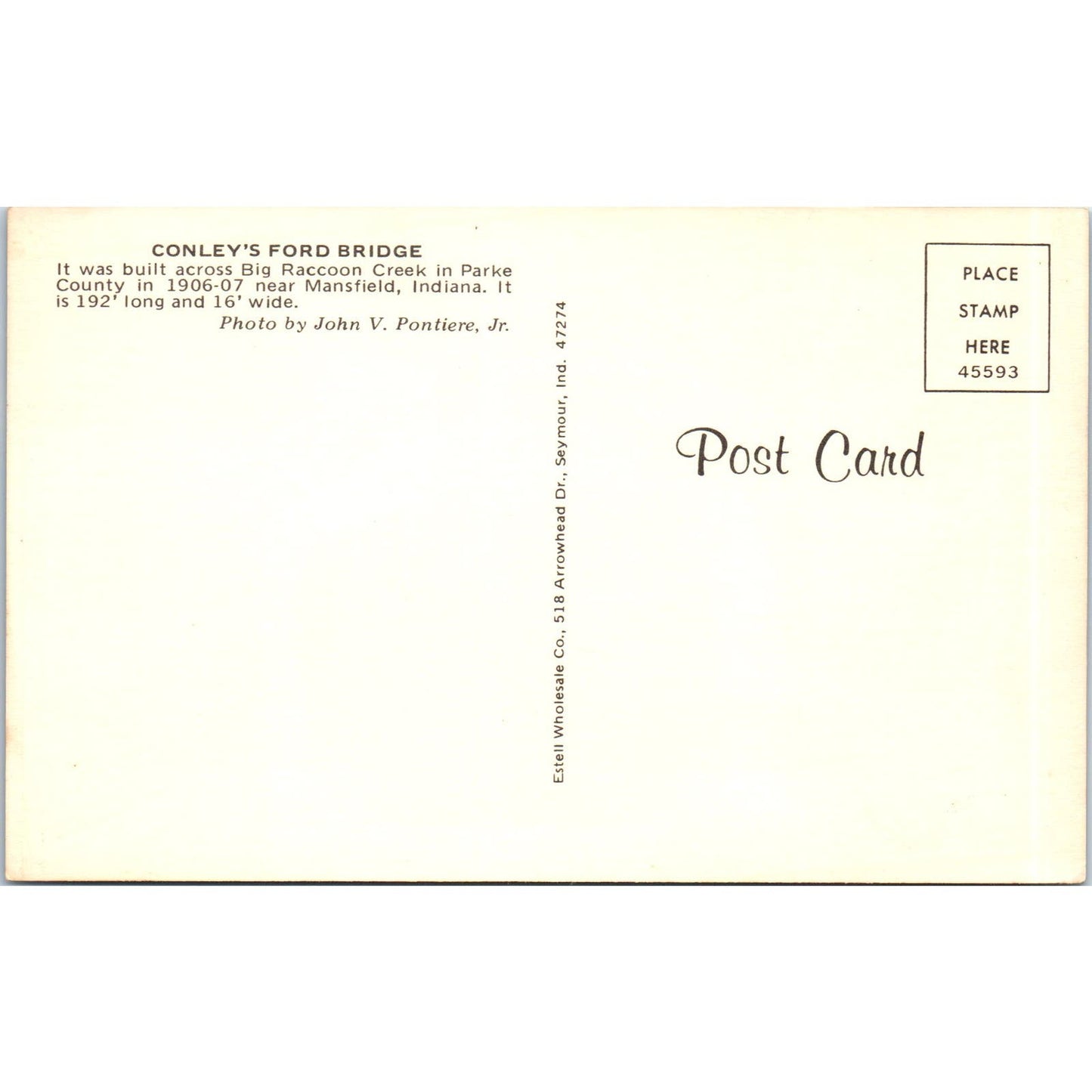 Conley's Ford Bridge Parke County Mansfield IN Covered Bridge Postcard PC15