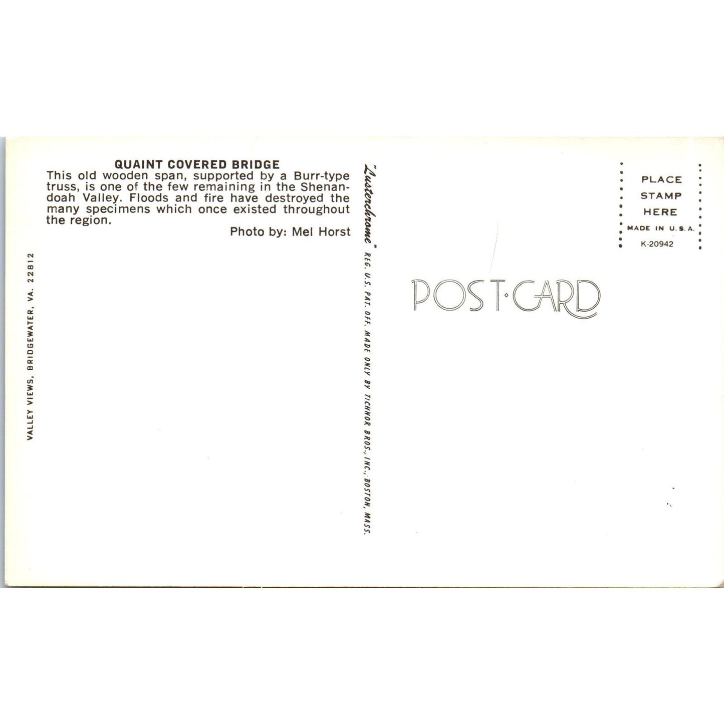 Shenandoah Valley Covered Bridge Vintage Covered Bridge Postcard PC17