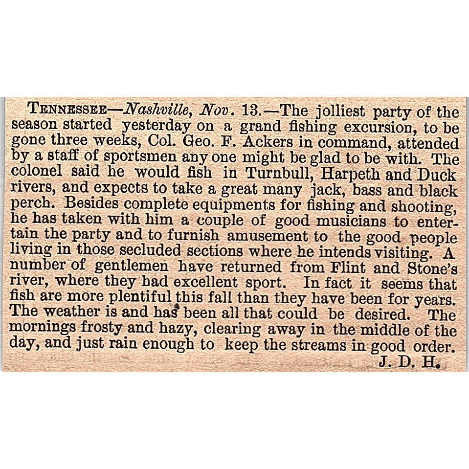 Nashville TN Fishing Excursion Col. Geo. F. Ackers 1878 Article AG2-M8