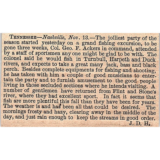 Nashville TN Fishing Excursion Col. Geo. F. Ackers 1878 Article AG2-M8