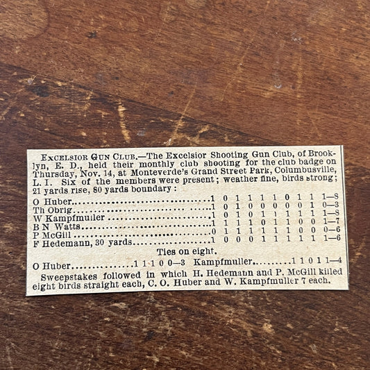 Nov 1878 Excelsior Gun Club Pigeon Match O. Huber, Th Obrig 1878 Clip AG2-S18