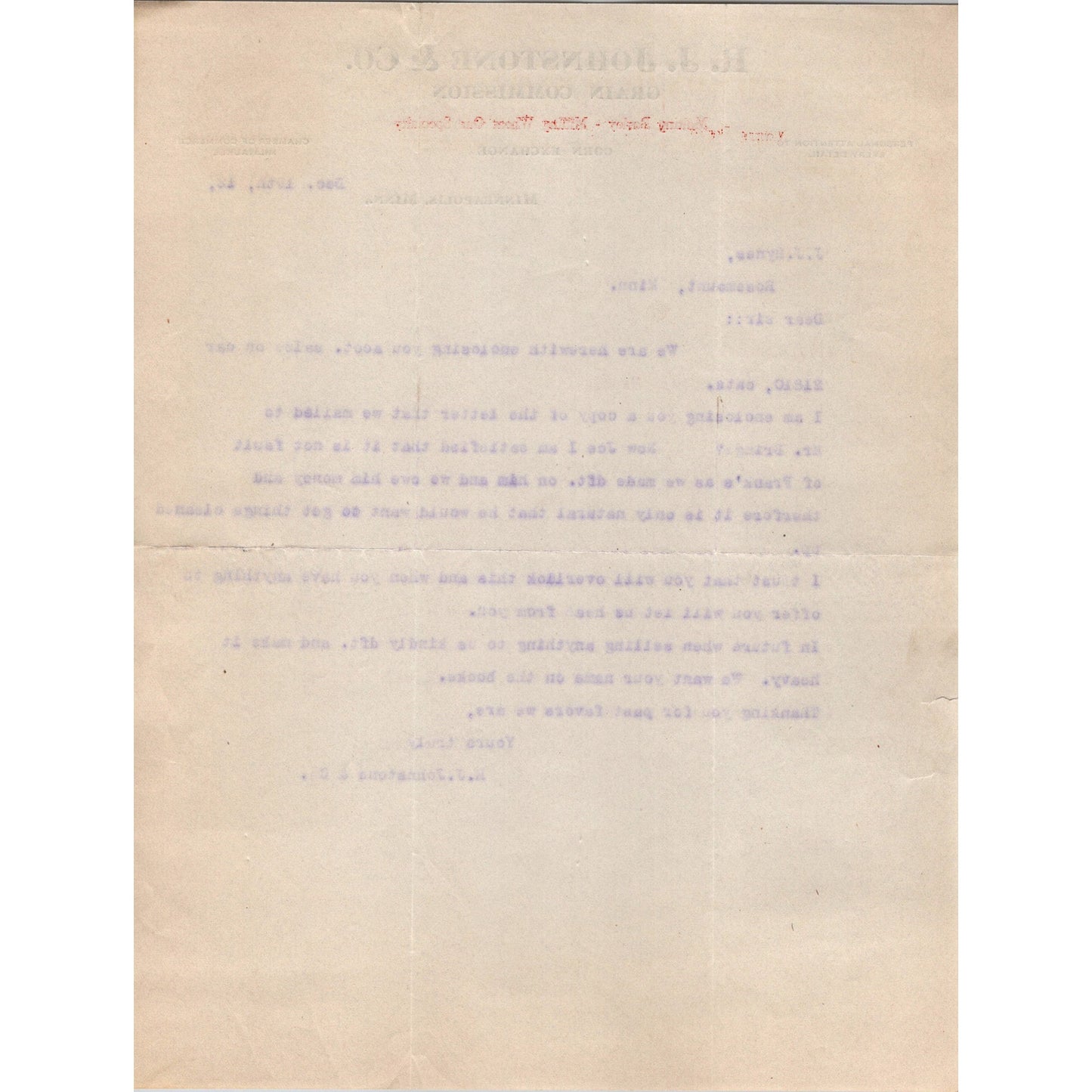 R.J. Johnstone & Co Grain Commission Minneapolis MN 1912 Letterhead Billhead K24