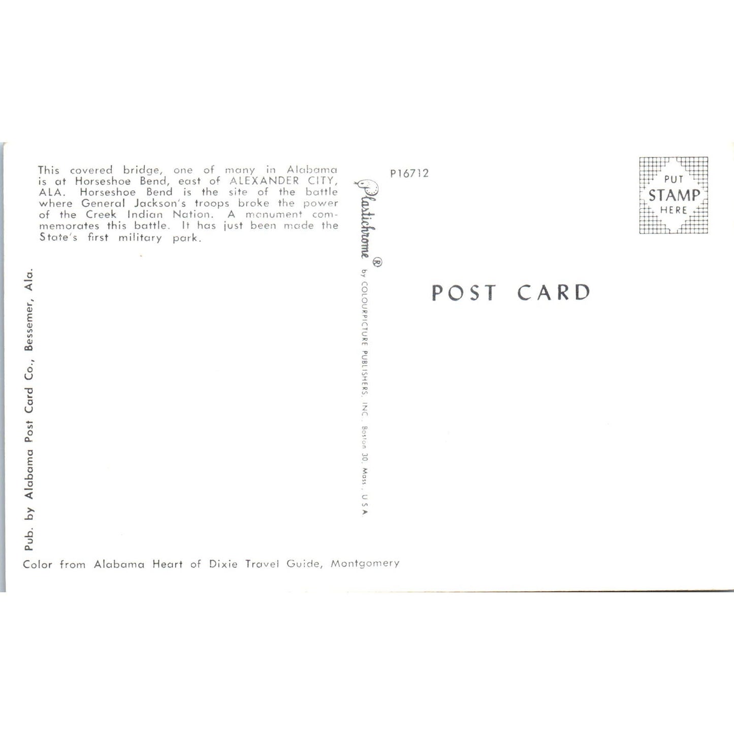 Horseshoe Bend Alexander City Alabama Covered Bridge Postcard PC2