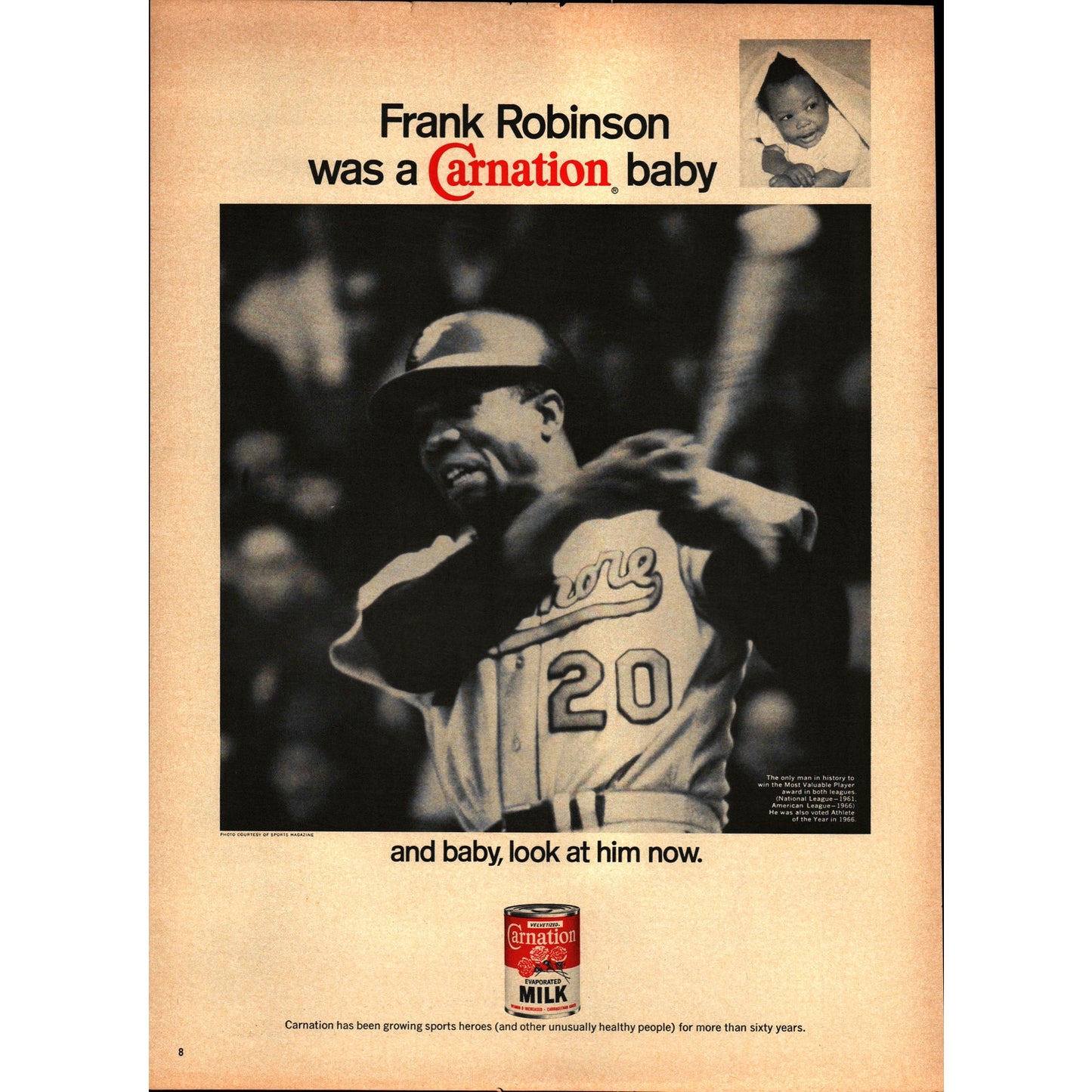 Vintage Frank Robinson MLB Baseball Carnation Milk Magazine Ad 9.5x13" V1-1