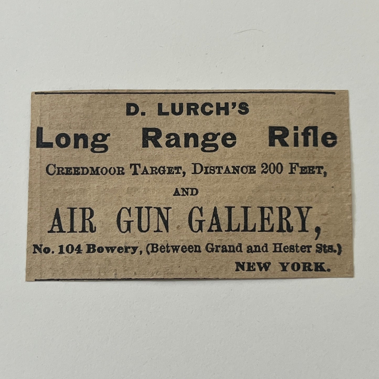 D. Lurch's Long Range Rifle Air Gun Gallery 104 Bowery New York 1878 Ad AG2-M15