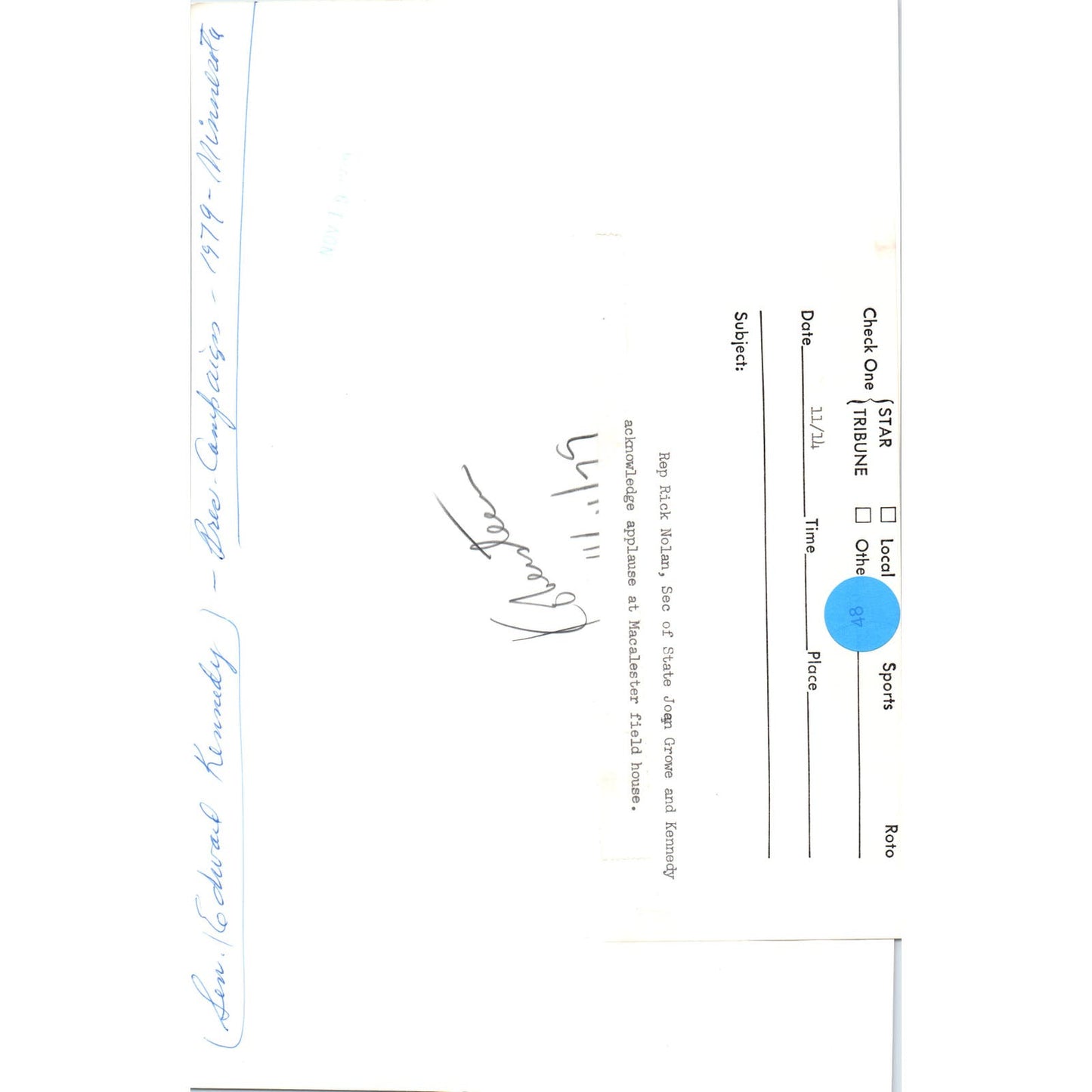 Ted Kennedy, Rick Nolan, Joan Growe Campaign in MN 1979 7x10 Press Photo D1-P