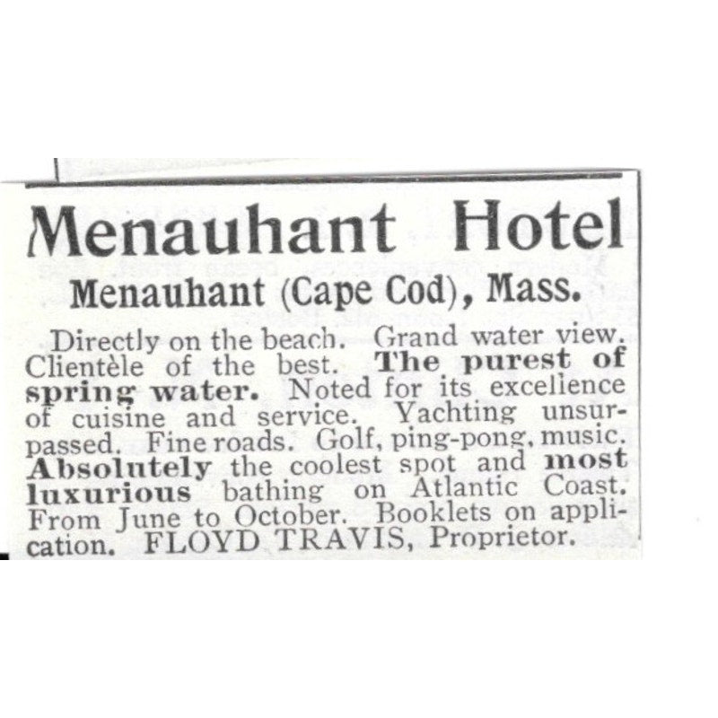 Menauhant Hotel Floyd Travis Cape Cod MA 1903 Ad AG3-S14