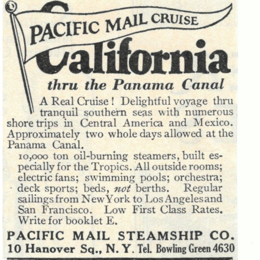 Pacific Mail Steamship Co California Panama Cruise 1924 Magazine Ad AD8-O4