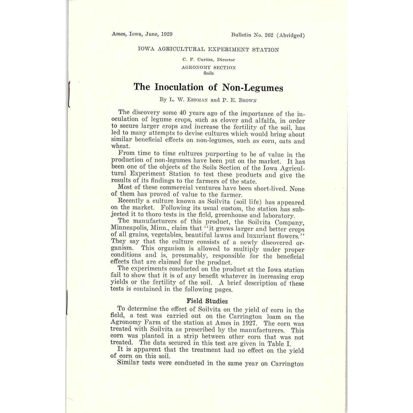 The Inoculation of Non-Legumes LW Erdman PE Brown 1929 IA Farm Bulletin TK2-XB6