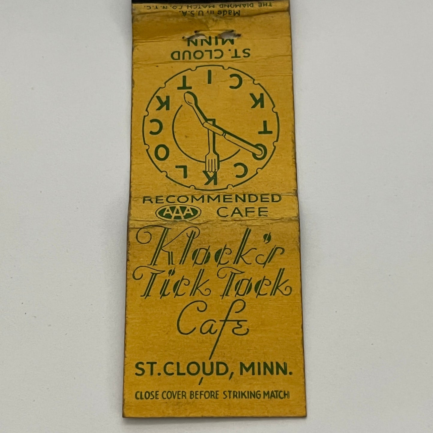 Klock's Tick Tock Cafe St. Cloud MN Vintage Matchbook TB6-MB2-14