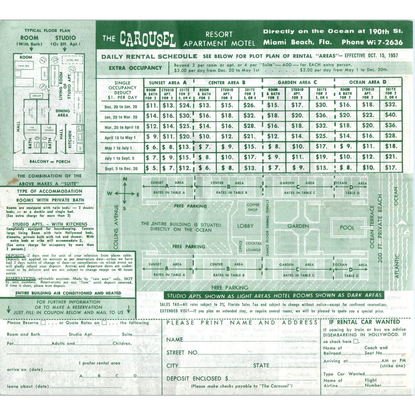 1957 The Carousel Resort Apartment Hotel Miami Beach FL Rate Sheet AE2