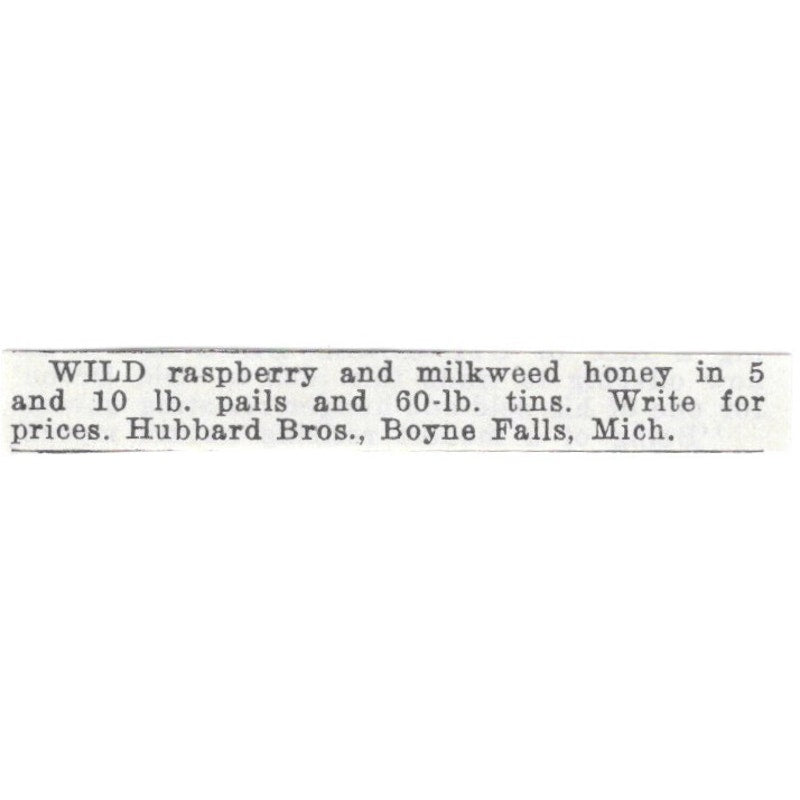 Hubbard Bros Wild Raspberry & Milkweed Honey Boyne Falls MI 1926 Ad AG3-S21