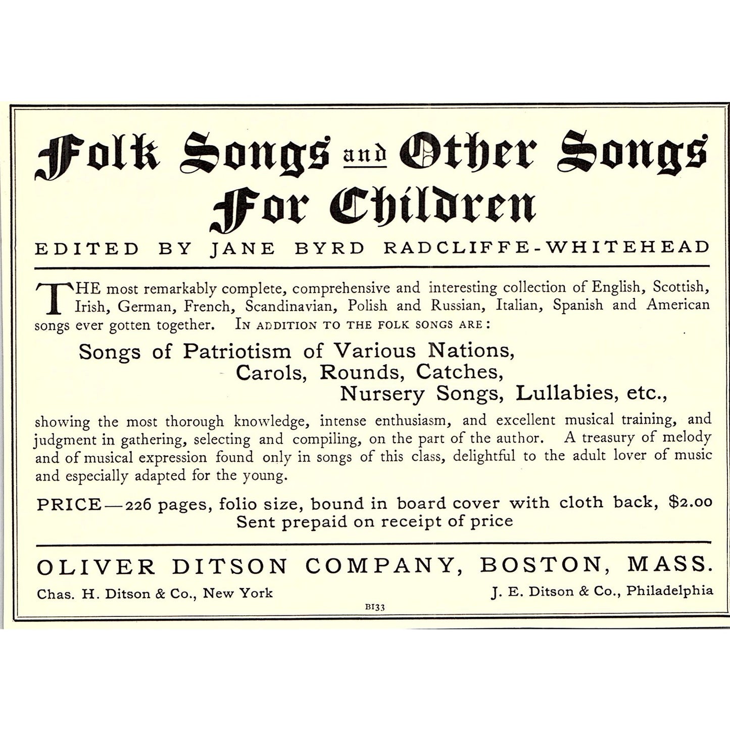 Folk Songs for Children Jane Byrd Oliver Ditson Co Boston - 1904 Ad AF5-2
