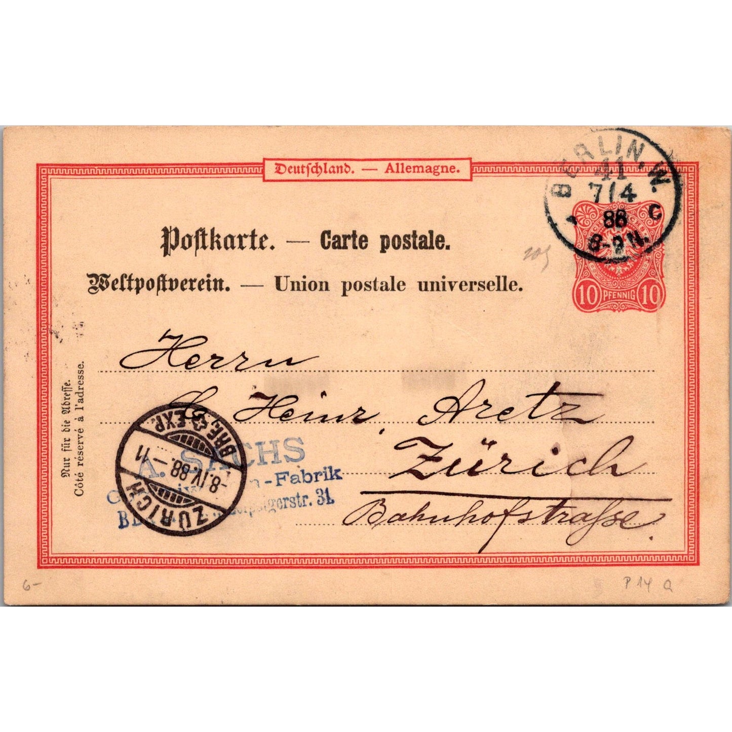 Zürich Berlin A. Sachs 1888 German Reich Postcard TE2-GRP