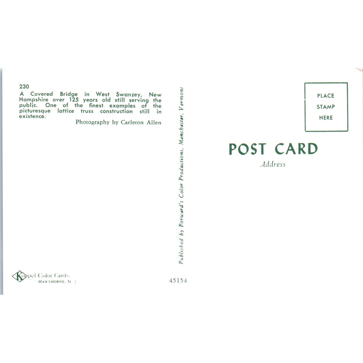 West Swanzey Bridge NH Covered Bridge Postcard PC4