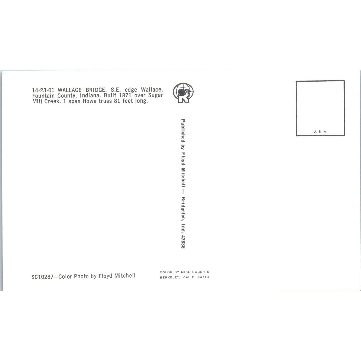 Wallace Fountain County Indiana Mill Creek Covered Bridge Postcard PB10