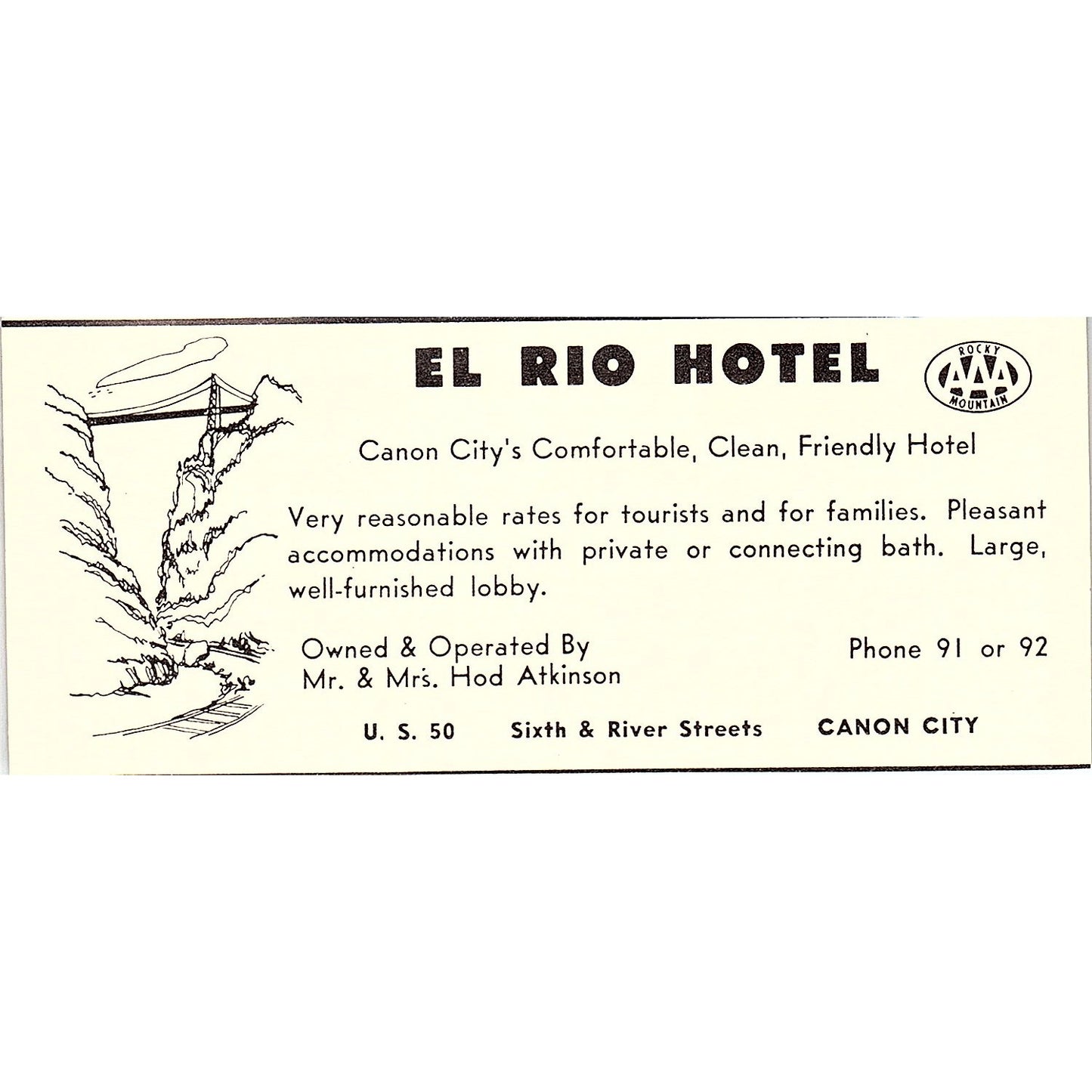 El Rio Hotel Hod Atkinson Canon City CO 1958 Ad AG1-M4