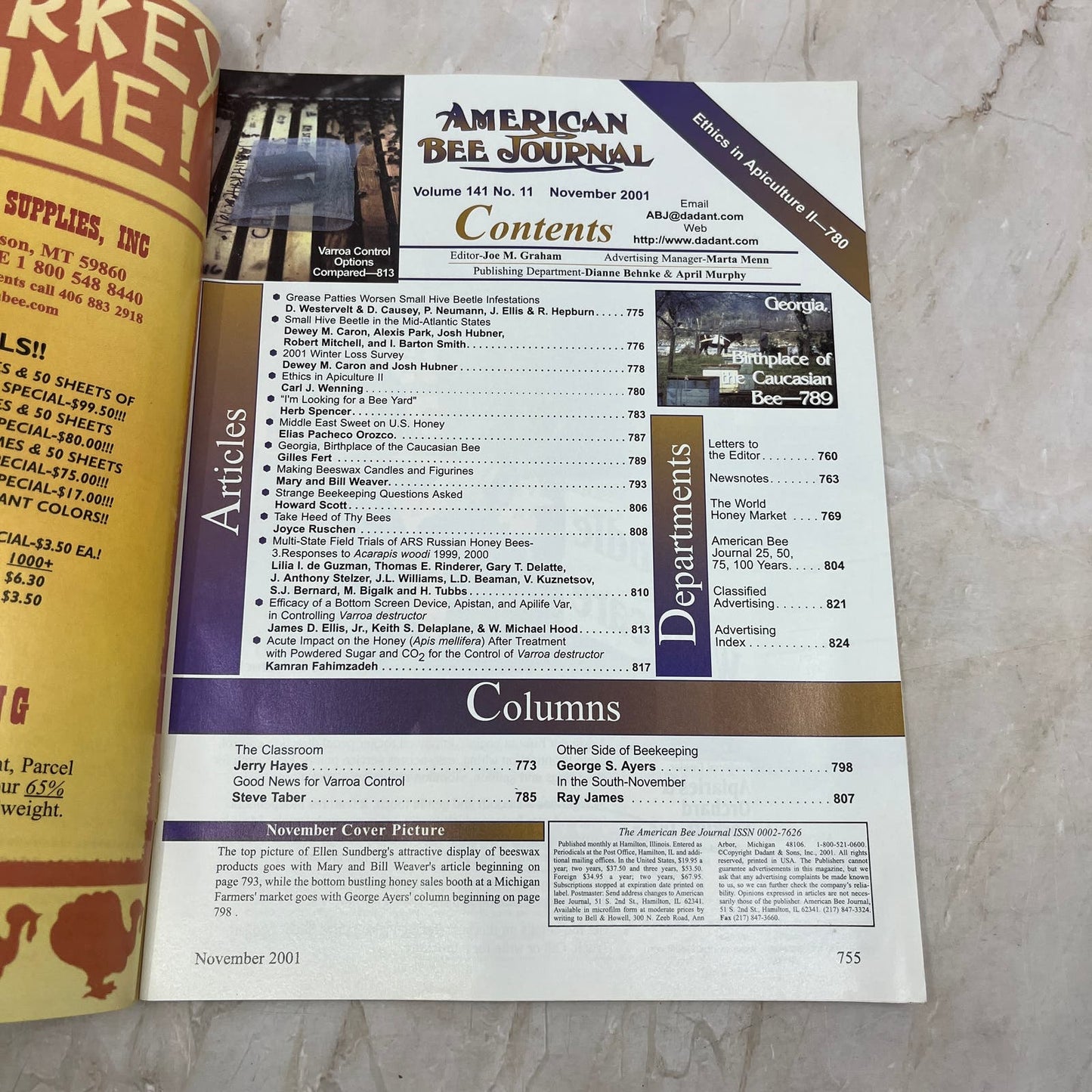 2001 Nov American Bee Journal Magazine Bees Beekeeping Honey M7