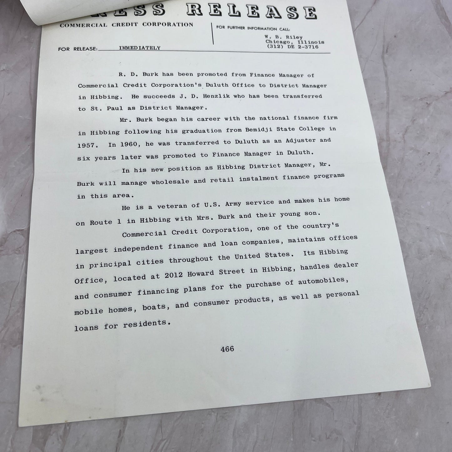 1966 Commercial Credit Corp. R.D. Burk Promotion Press Release Hibbing MN TA9-E1
