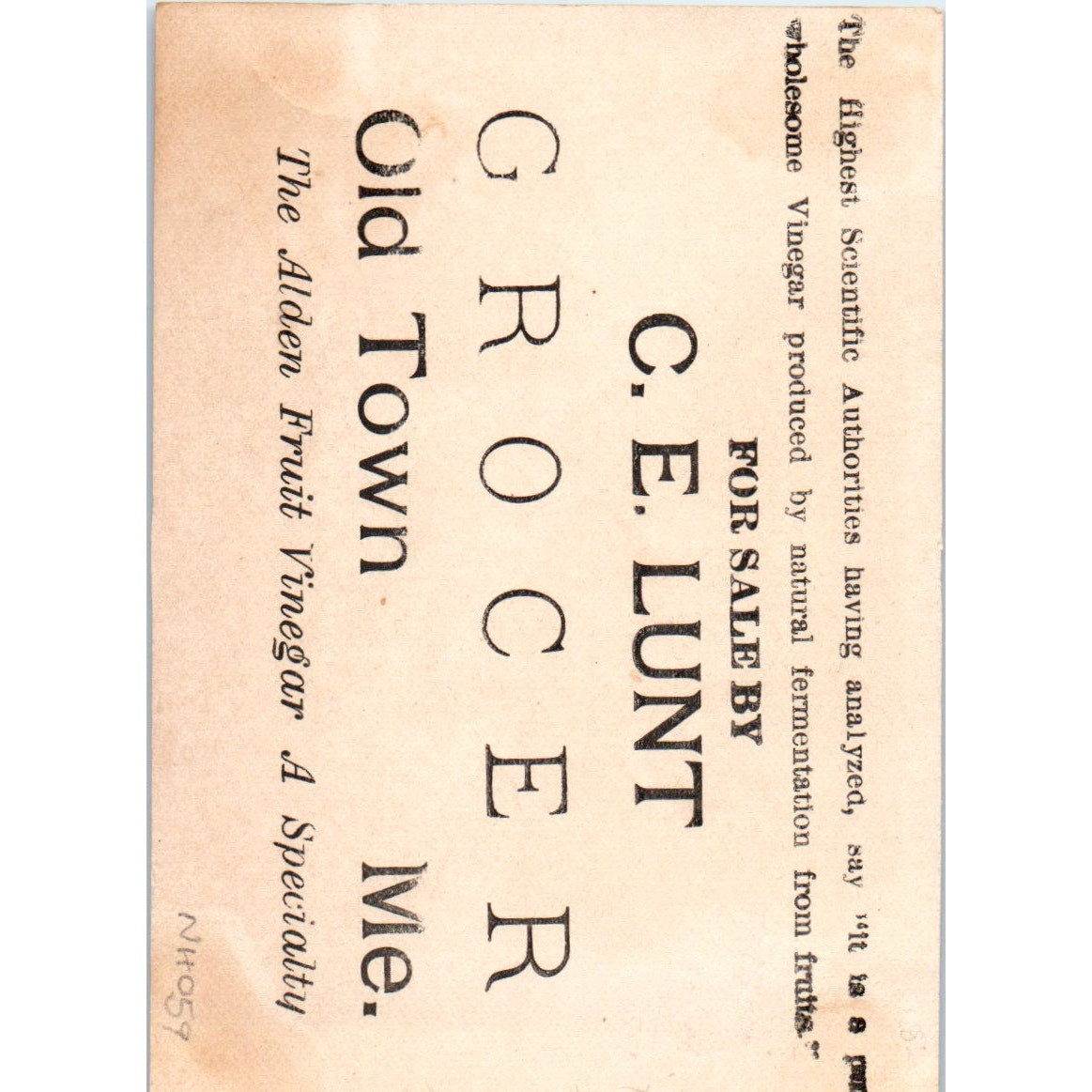 Alden Fruit Vinegar C.E. Lunt Grocer Old Town ME c1880 Victorian Trade Card AB6-2