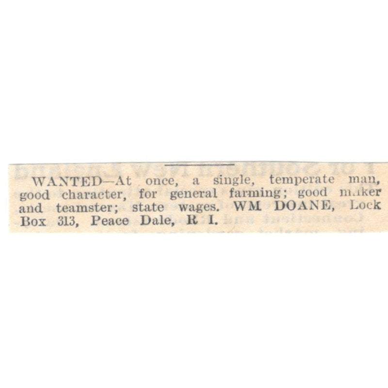 Wanted Farmhand Wm. Doane Peace Dale RI 1905 Magazine Ad AF1-NES2