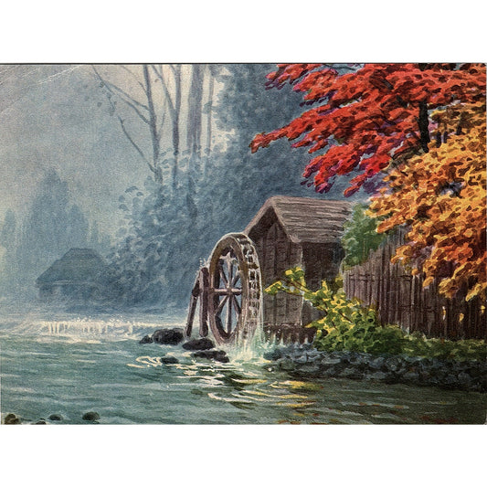 Retro Kitsch Autumn Rustic Mill with Pond Landscape Vintage Art Print 6x8 V19