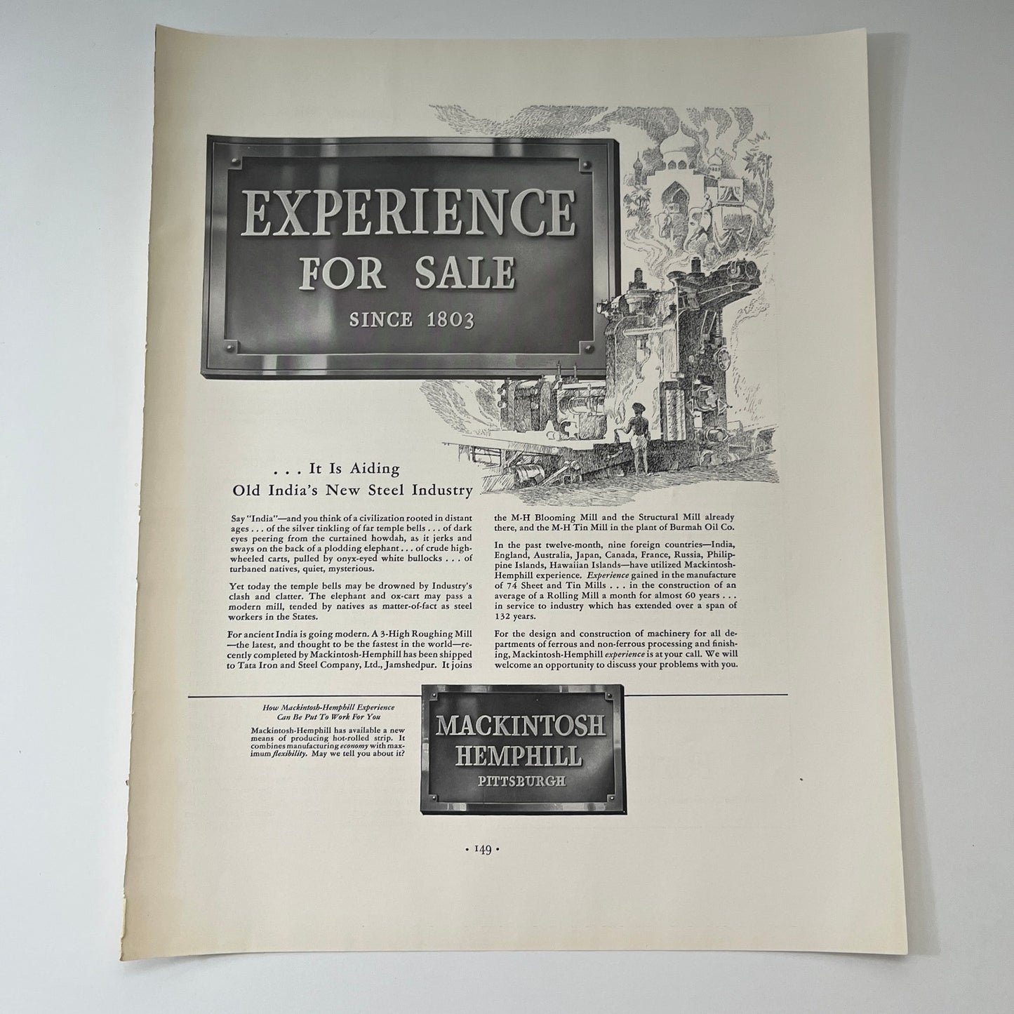 Old India's New Steel Industry Mackintosh Hemphill Pittsburgh 1935 Ad V1-4