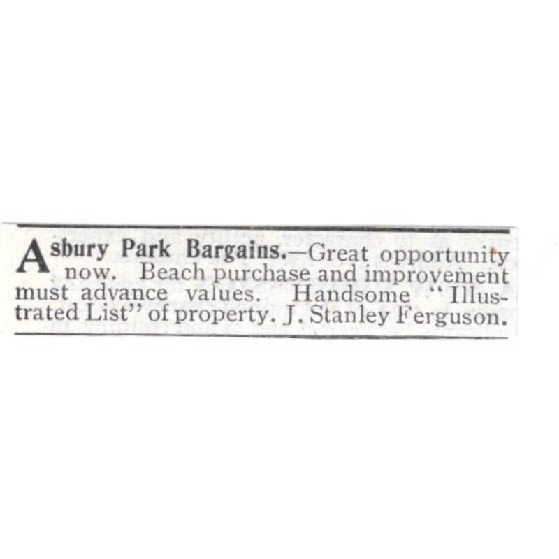 Ashbury Park Bargains J. Stanley Ferguson 1903 Ad AF8-S42
