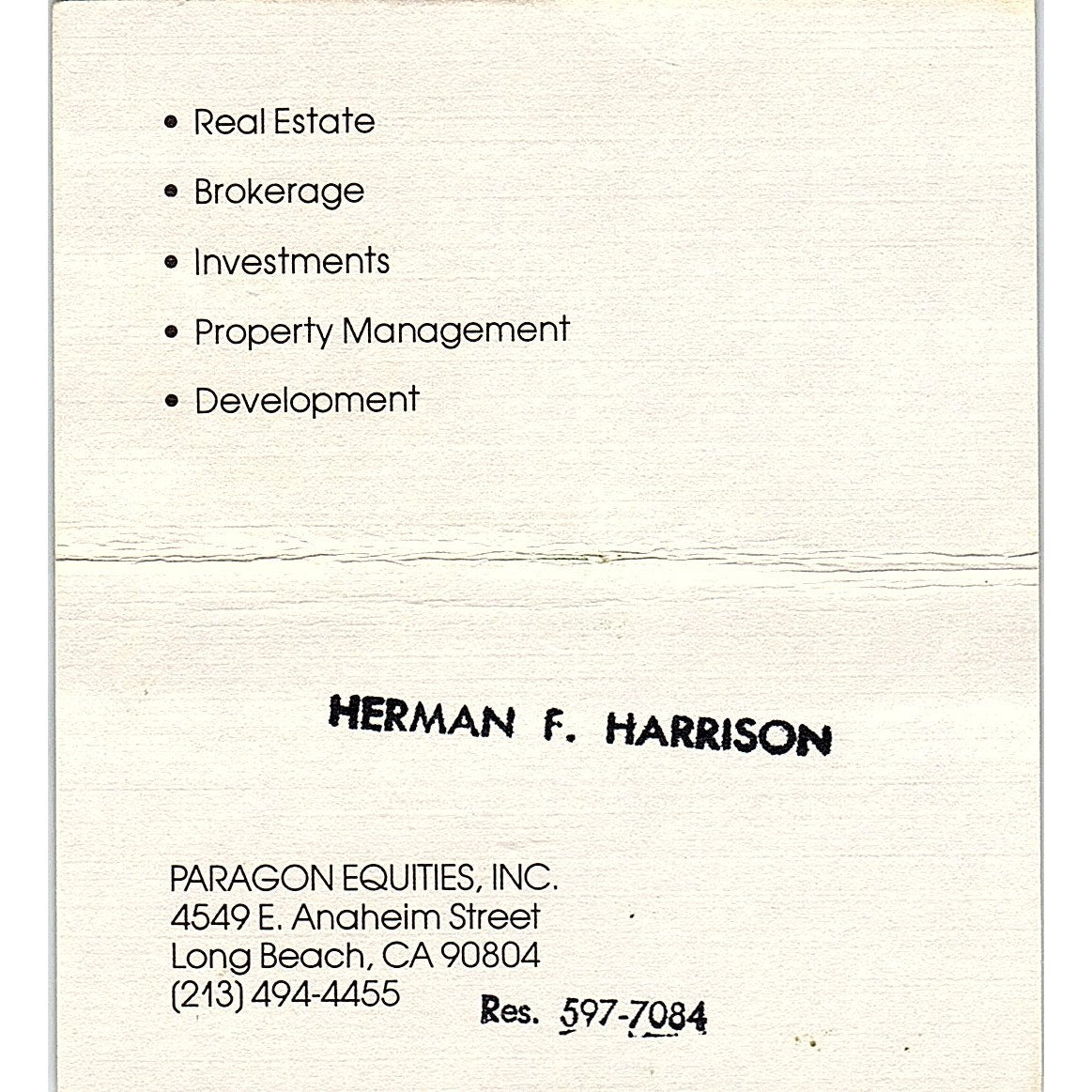 Paragon Equities Inc Herman F Harrison Long Beach Vintage Business Card SE3-B14