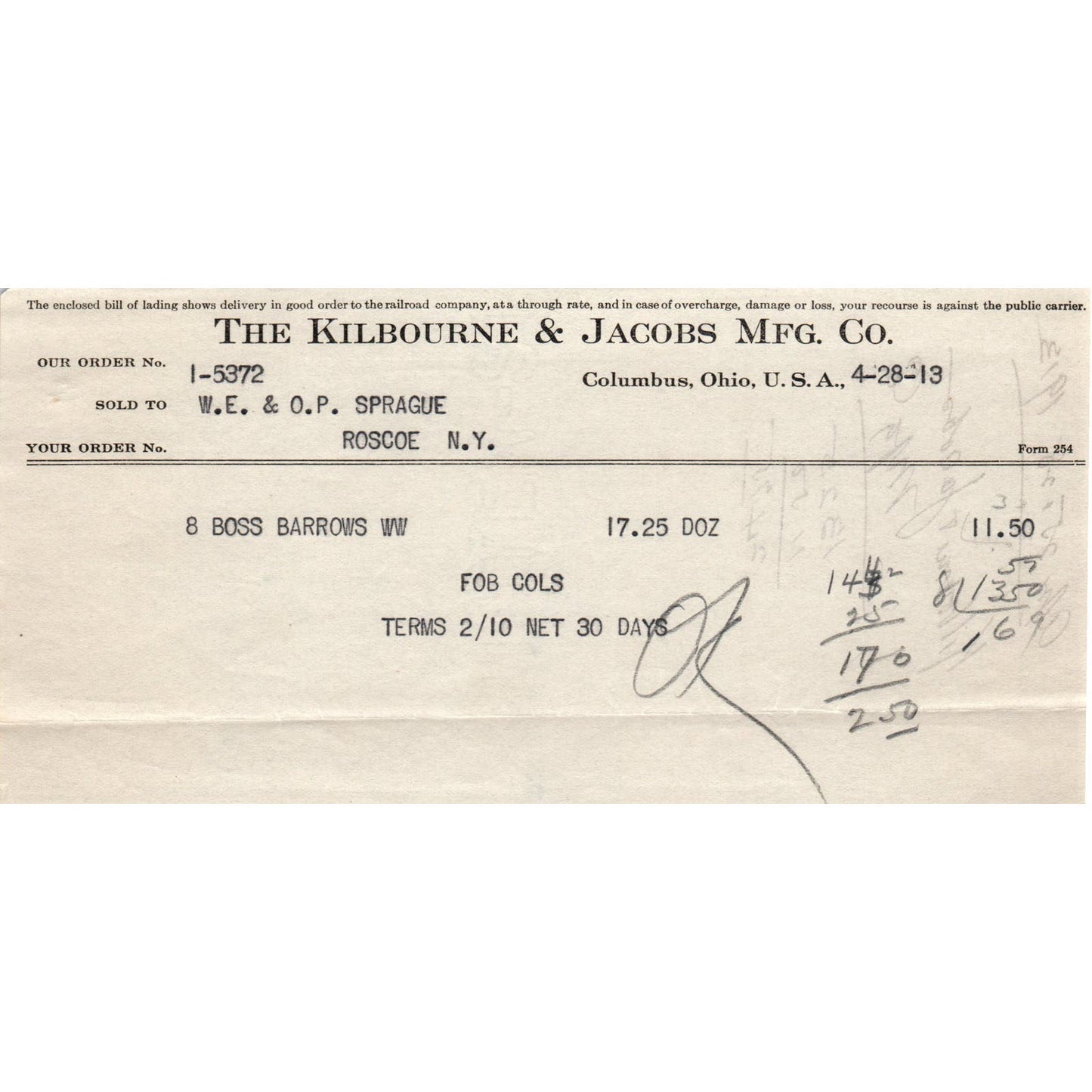 TH Kilbourne & Jacobs Mfg Co Columbus OH 1913 Original Billhead Receipt D8-LL