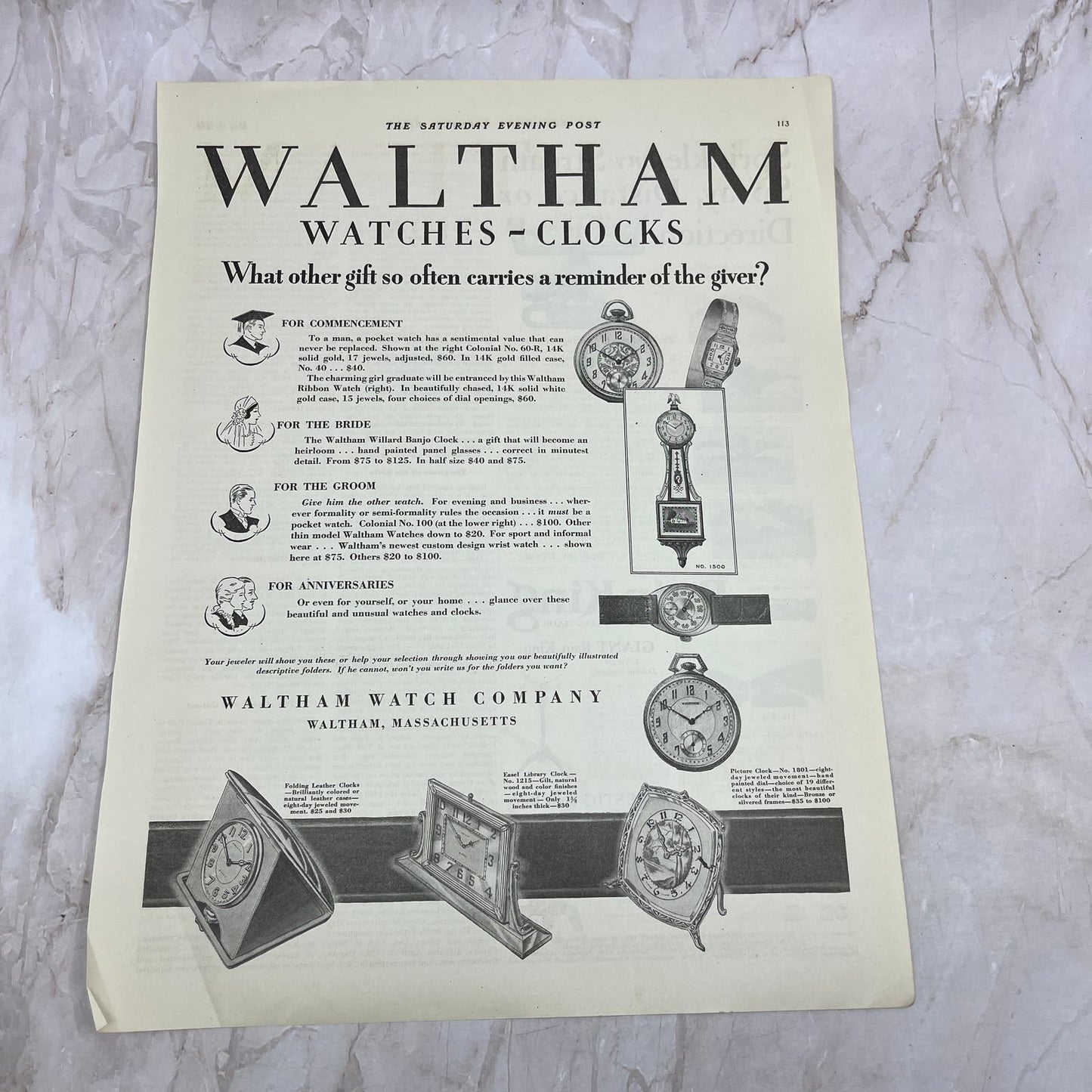 Waltham Watches-Clocks MA 1928 Original Magazine Advertisement FL6-8