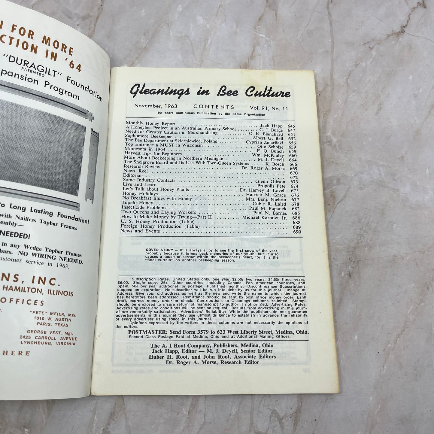 1963 Nov Gleanings in Bee Culture Magazine Bees Beekeeping Honey TD7