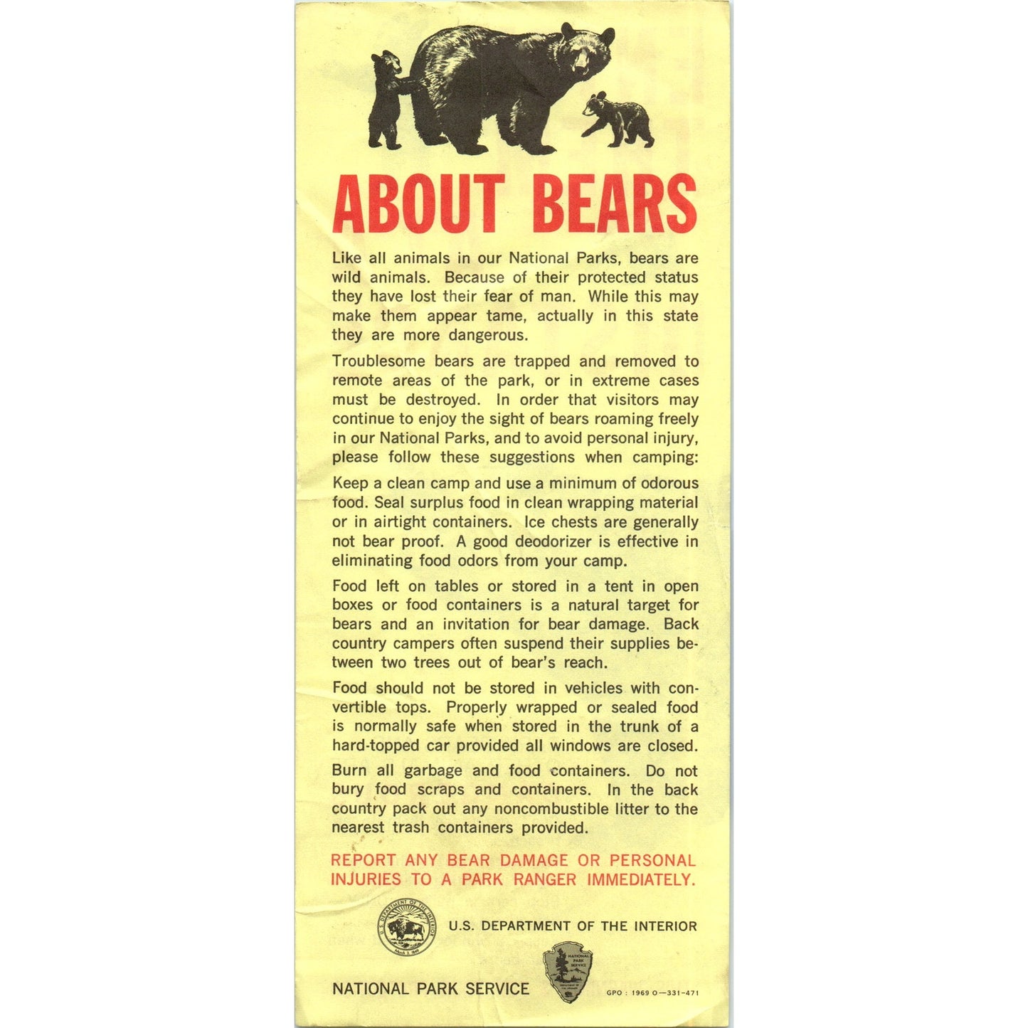 1969 National Park Bulletin - Bear Safety - Enjoy Them At A Distance H5-5