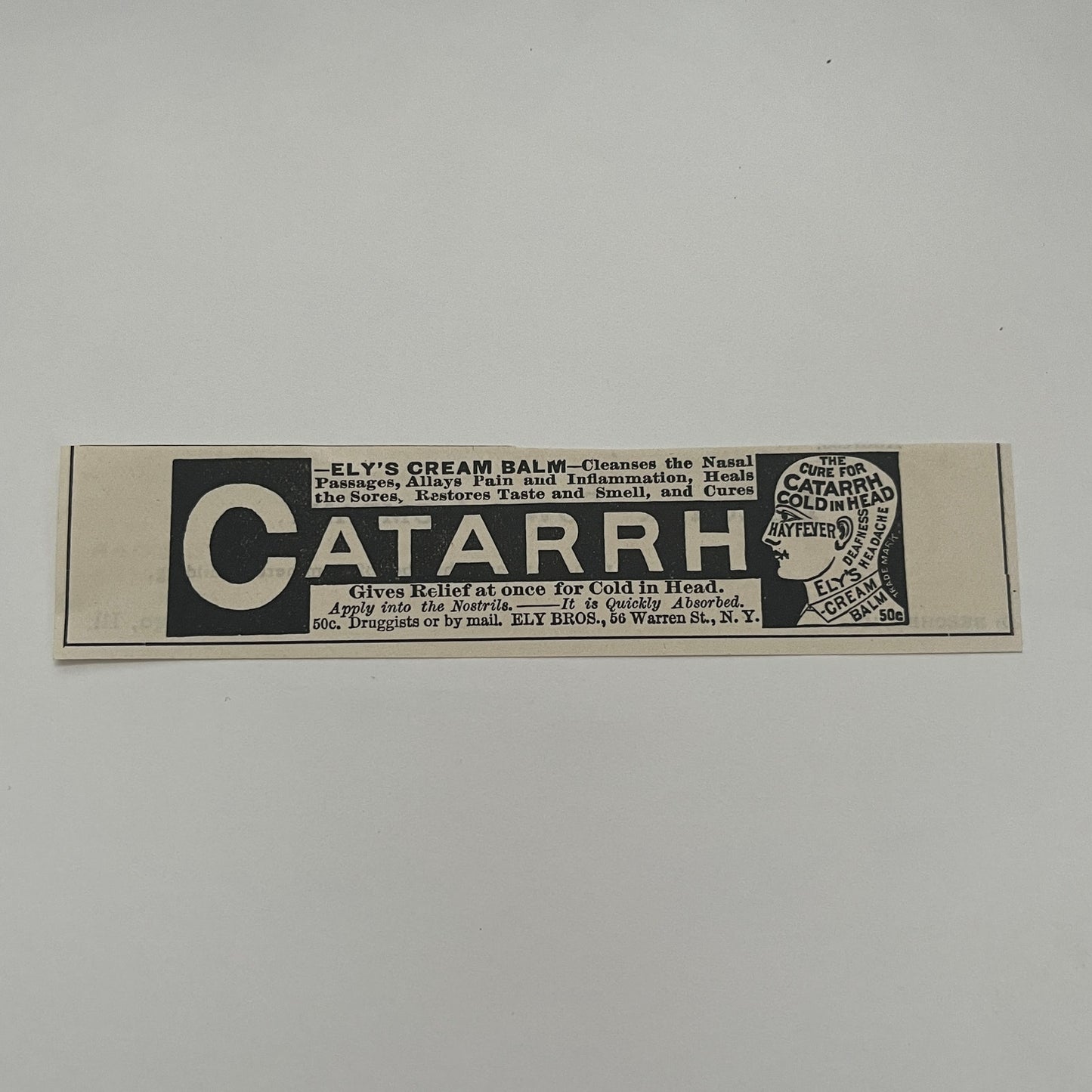 Ely's Cream Balm for Catarrh Hay Fever Ely Bros Warren St NY 1892 Ad AG2-7