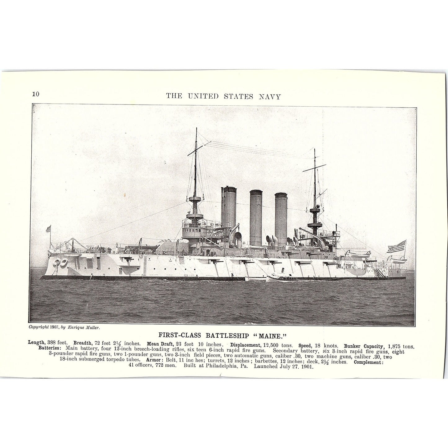 First Class Battleship Rhode Island & Maine Double Sided 1910 Print AF6-20