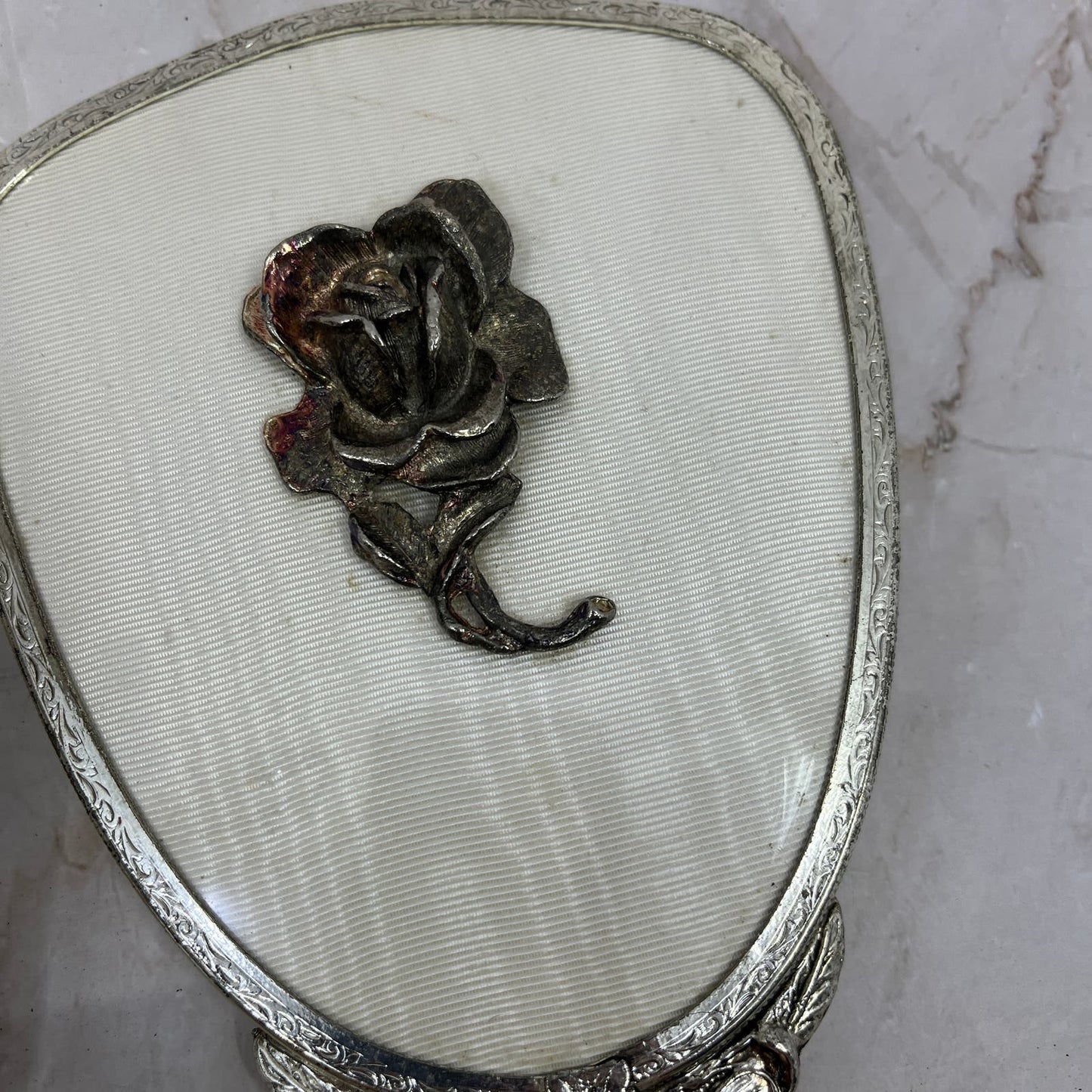 1950s Vanity Set Brush Comb Mirror Chrome Silver Toned Ornate Roses TF5