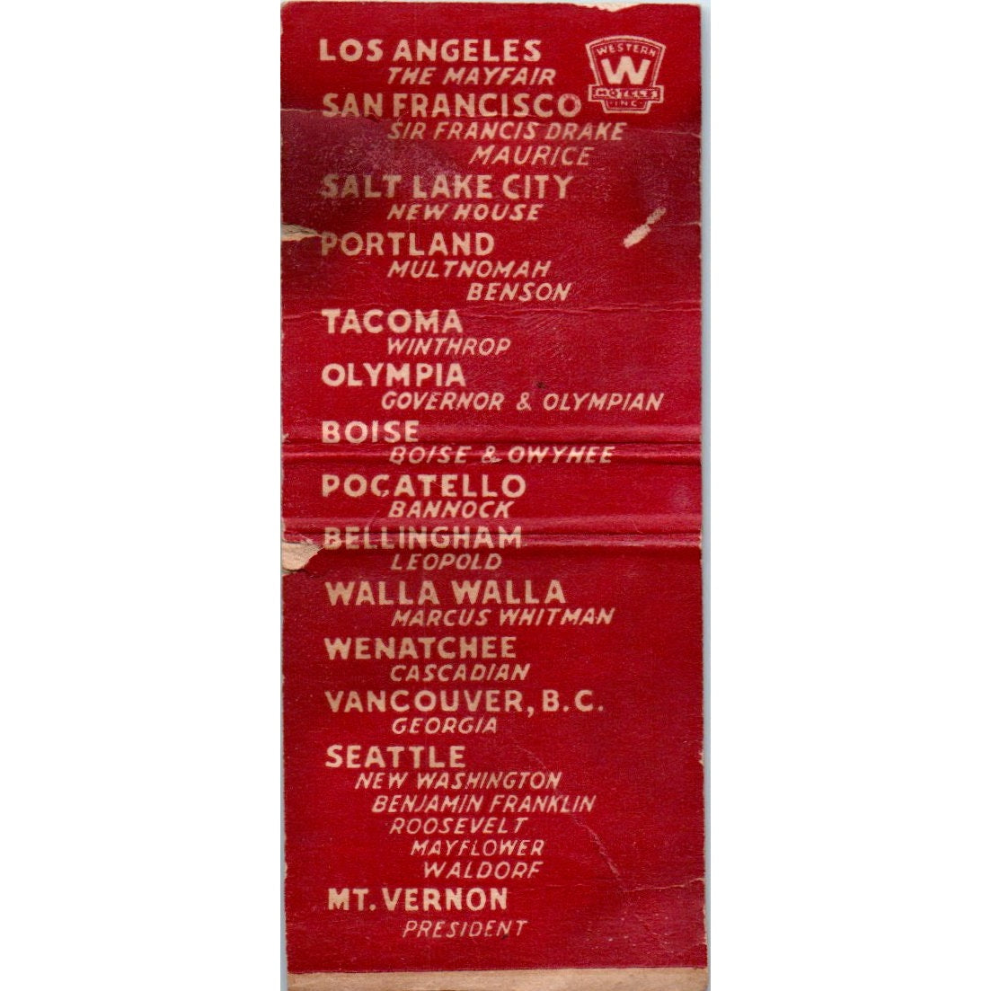 New Washington Hotel Seattle Vintage Matchbook Cover SD4-Y12