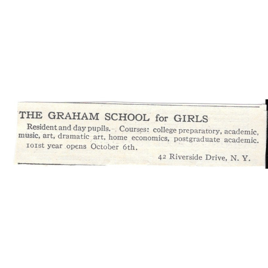 The Graham School for Girls Riverside Dr, NY c1920 Harper’s Magazine Ad AG4-S1